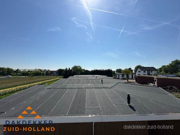 Groot plat dak met bitumen dakbedekking op bedrijfspand in Zuid-Holland